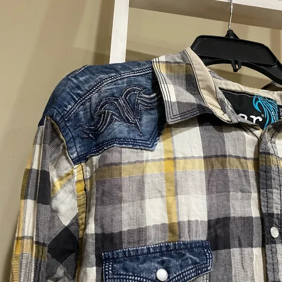 Roar Gray and Yellow Plaid Shirt with Denim Details womens size 2XL - Picture 2 of 4